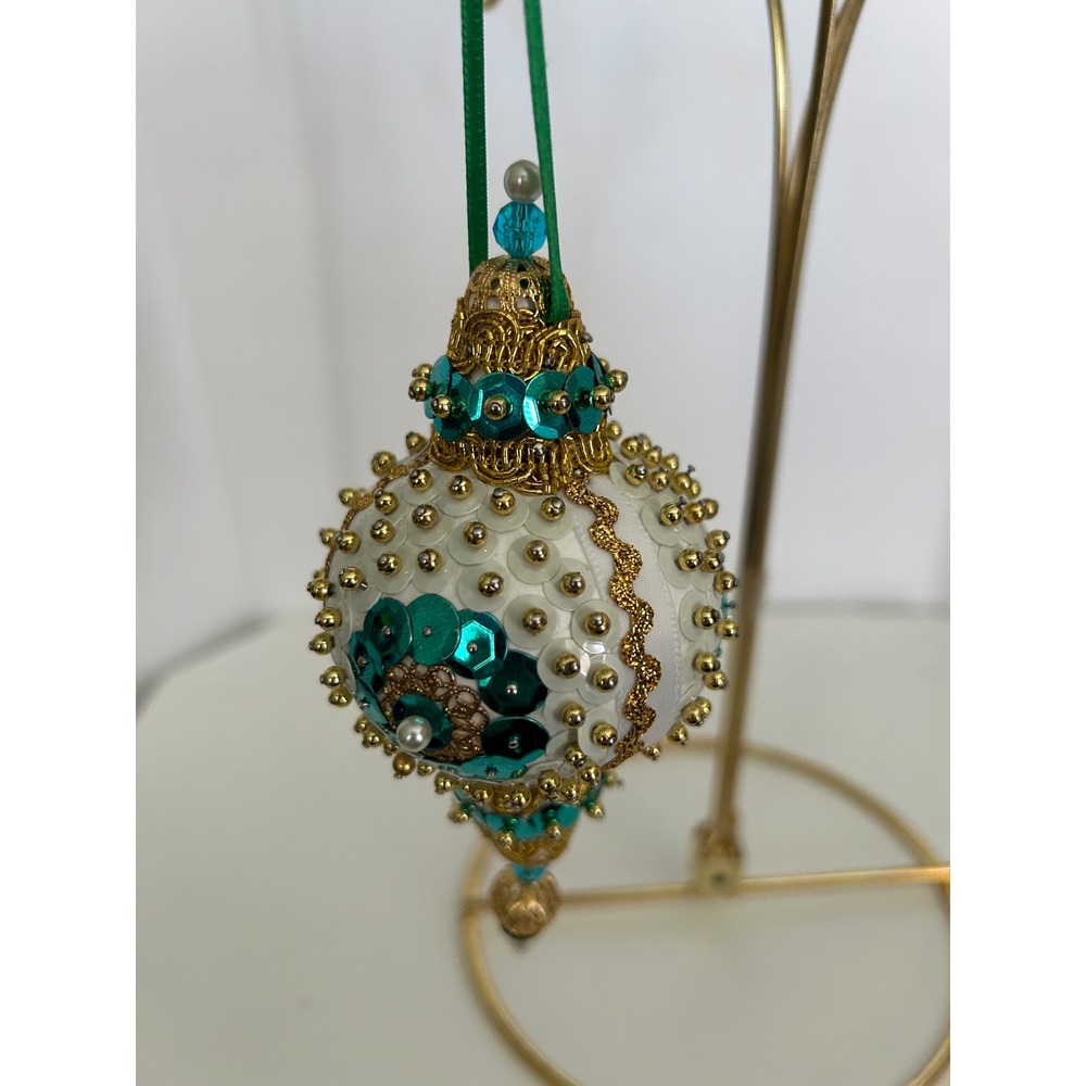 Christmas Push Pin Ornament White Teal Gold Sequin Beaded Satin Collectible